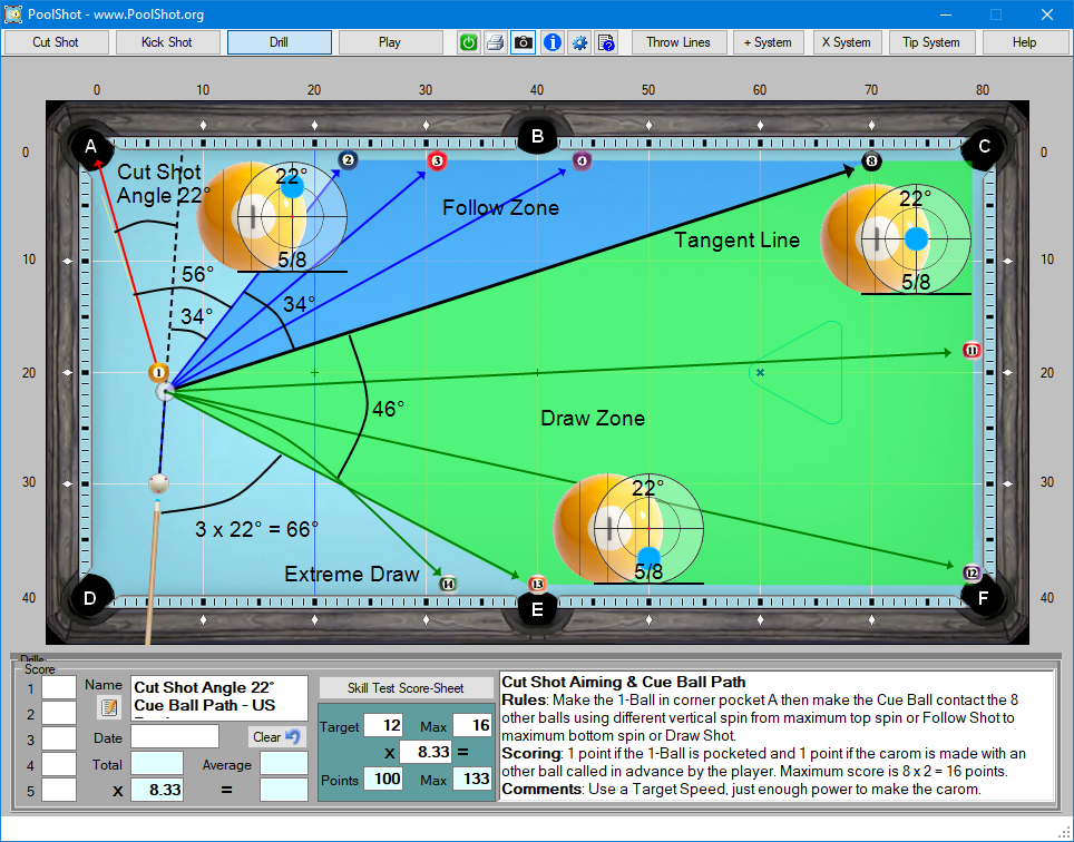 Cut Shot Angle 22° Cue Ball Path - US Pool